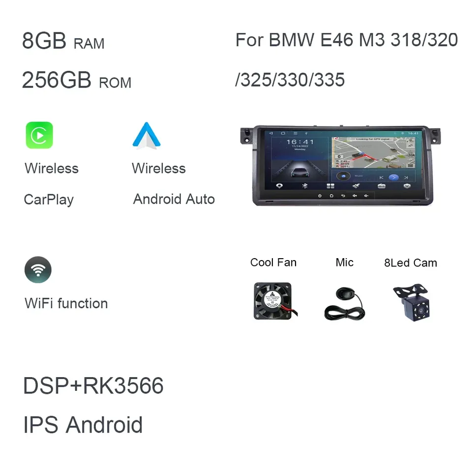 Carplay 8,8 "Android 14.0 RDS авторадио 128 ГБ ПЗУ 8 ГБ ОЗУ Автомобильный аудио DVD GPS автомобильный радио Glonass для BMW E46 M3 318/320/325/330/335 
Carplay 8,8 "Android 14.0 RDS авторадио 128 ГБ ПЗУ 8 ГБ ОЗУ Автомобильный аудио DVD GPS автомобильный радио Glonass для BMW E46 M3 318/320/325/330/335