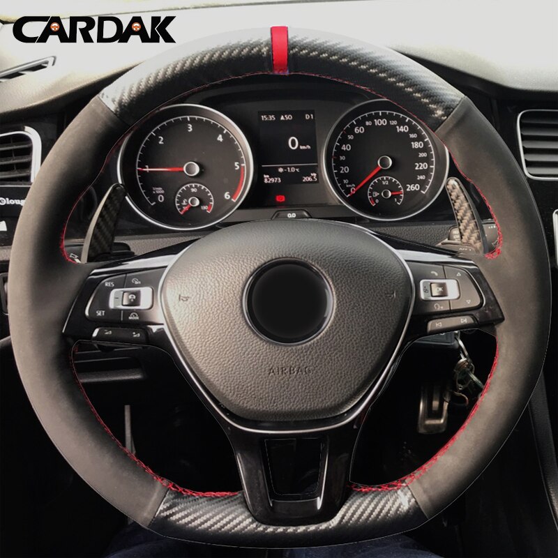 

CARDAK прошитая вручную черная замшевая Оплетка на руль для Volkswagen VW Golf 7 Mk7 Polo Jetta Passat B8