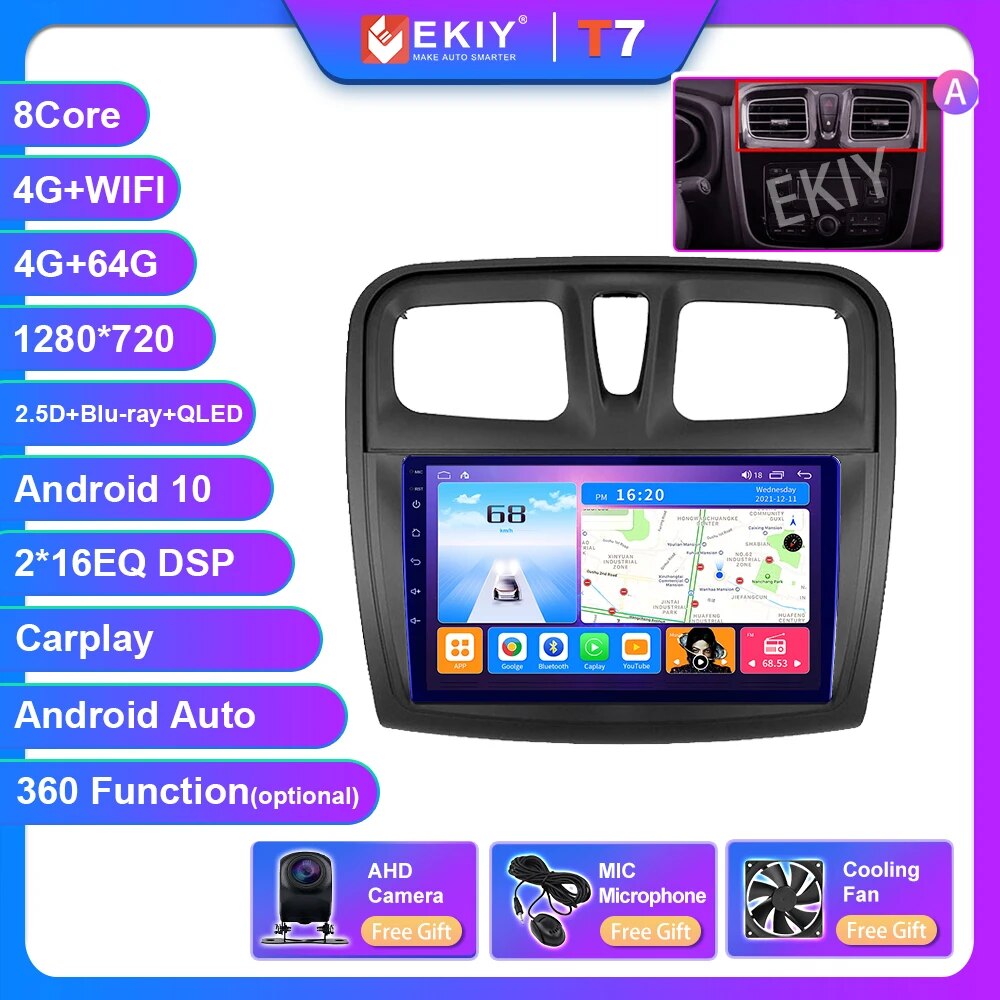 

EKIY T7 Android 10 автомобильный радиоприемник, мультимедийный плеер для Renault Logan 2 Sandero 2 2012 - 2019 2 Din GPS Carplay Стерео DVD головное устройство