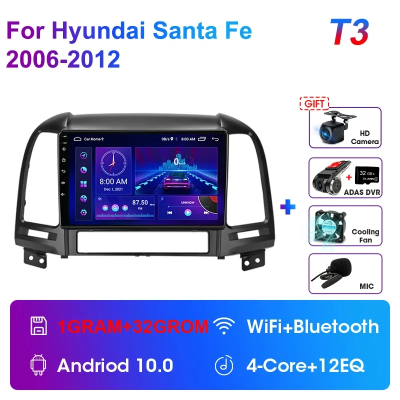 

Автомагнитола JMCQ, мультимедийный видеоплеер, навигация GPS для Hyundai Santa Fe 2 2006-2012 2 din Android 12 DSP, головное устройство Carplay