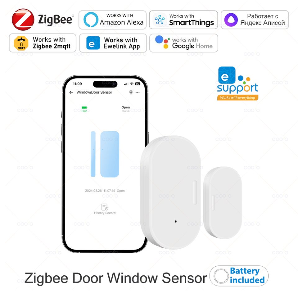 

Датчик двери Ewelink Zigbee, беспроводной магнитный детектор сигнализации для открытия и закрытия окна, работает с Zigbee2MQTT Alexa Google Need Gateway