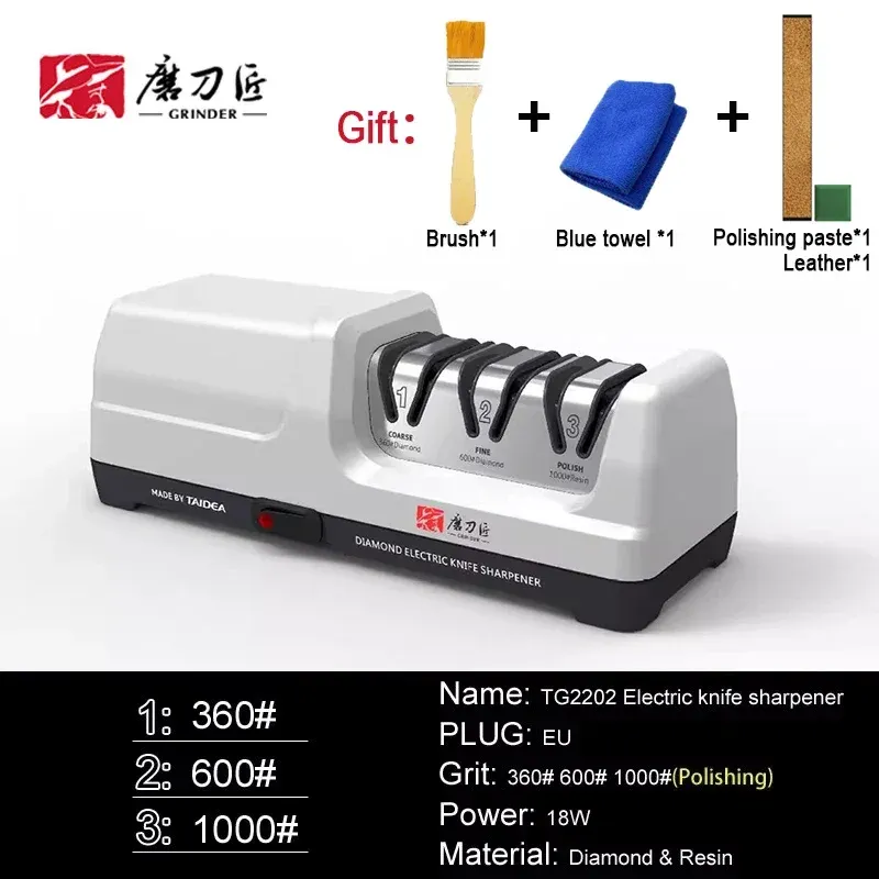 

TAIDEA TG2202 Профессиональная электрическая точилка для ножей с зернистостью 360/600/1000 # Полировальный точильный камень GrindStone Power 18 Вт, вилка европейского стандарта