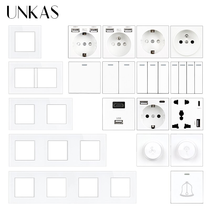

UNKAS Белая стеклянная панель розетки 1/2 gang с USB