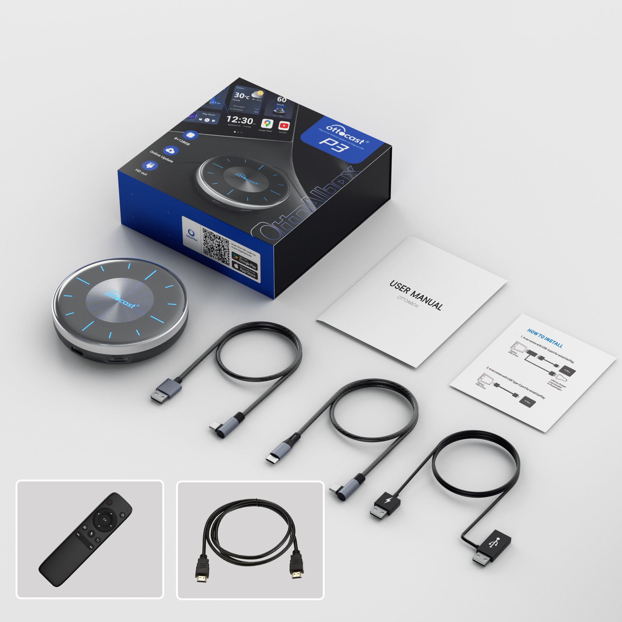 

OTTOCAST P3 Android AI Box для Youtube Netflix Wireless CarPlay Android Auto TV Box для HDMI Out Автомобильные аксессуары Подарок для мужчин
