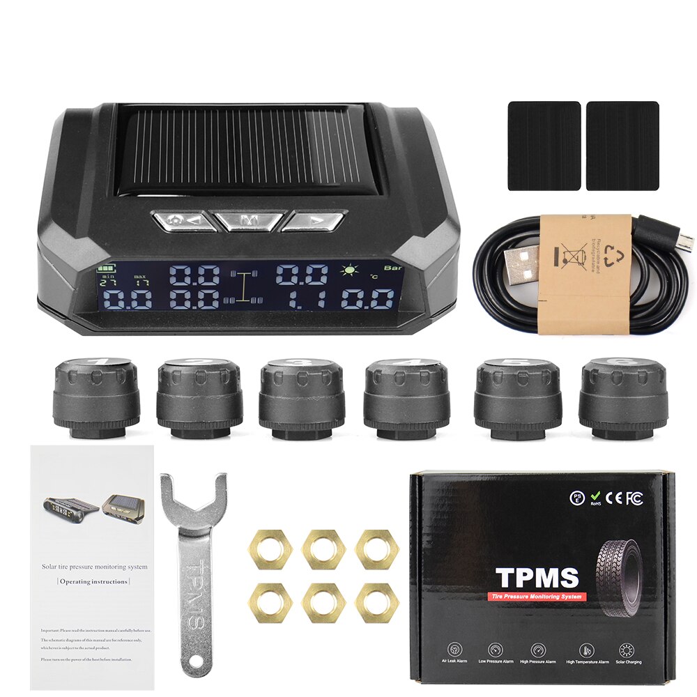 

Внешняя система контроля давления в шинах TPMS для грузовиков, автоматический дисплей, мониторинг сигнализации, зарядка через USB, сигнализация о температуре с 6 датчиками