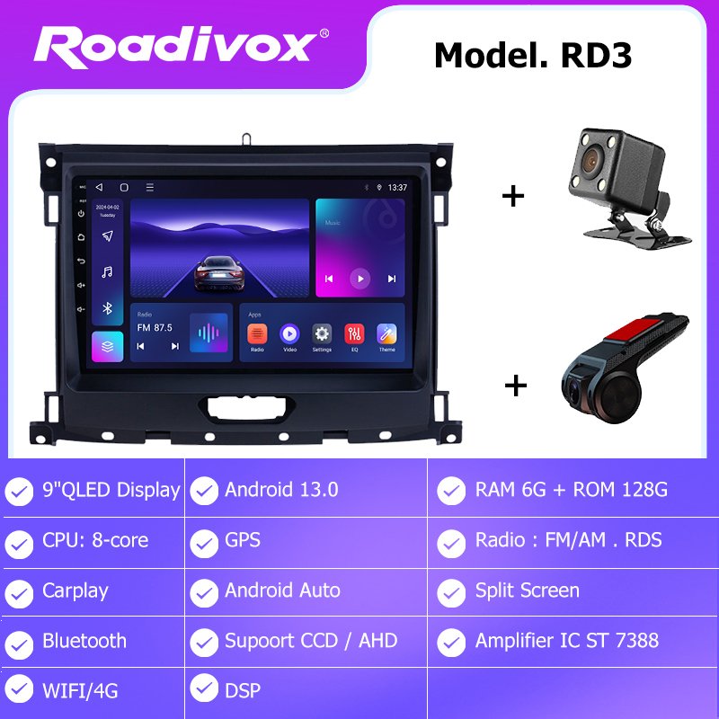 

Автомобильный радиоприемник Roadivox Android для Ford Ranger 2015-2020, GPS-навигация, видеостереоэкран, мультимедийный плеер, рекордер Carplay