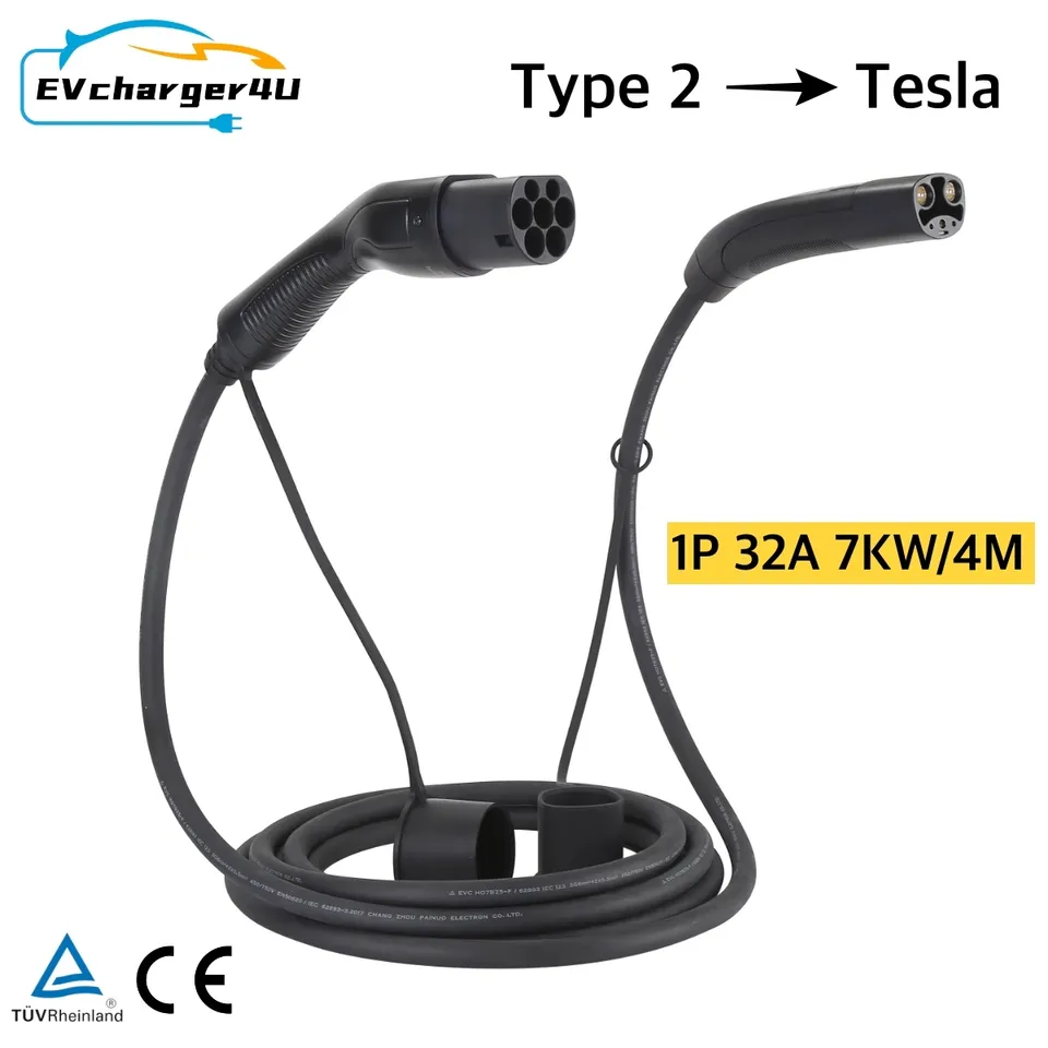 

EVcharger4U IEC62196-2 Type2 к кабелю зарядного устройства Tesla NACS EV 4M 1 фаза 32A 7KW для модели 3 Y X S производства в США на общественной зарядке переменного тока