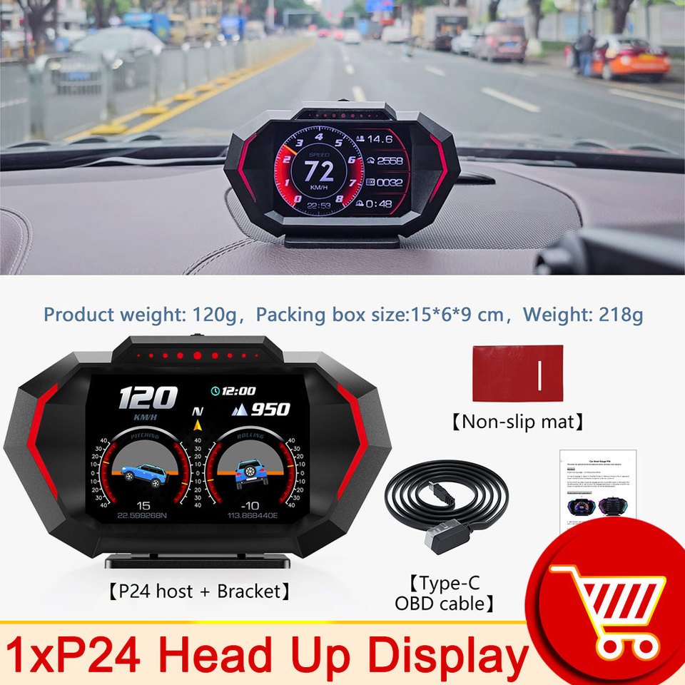 

OBD + GPS HUD P24 автомобильный OBD Head Up дисплей HUD на борту компьютера цифровой спидометр температура воды расход топлива измеритель наклона