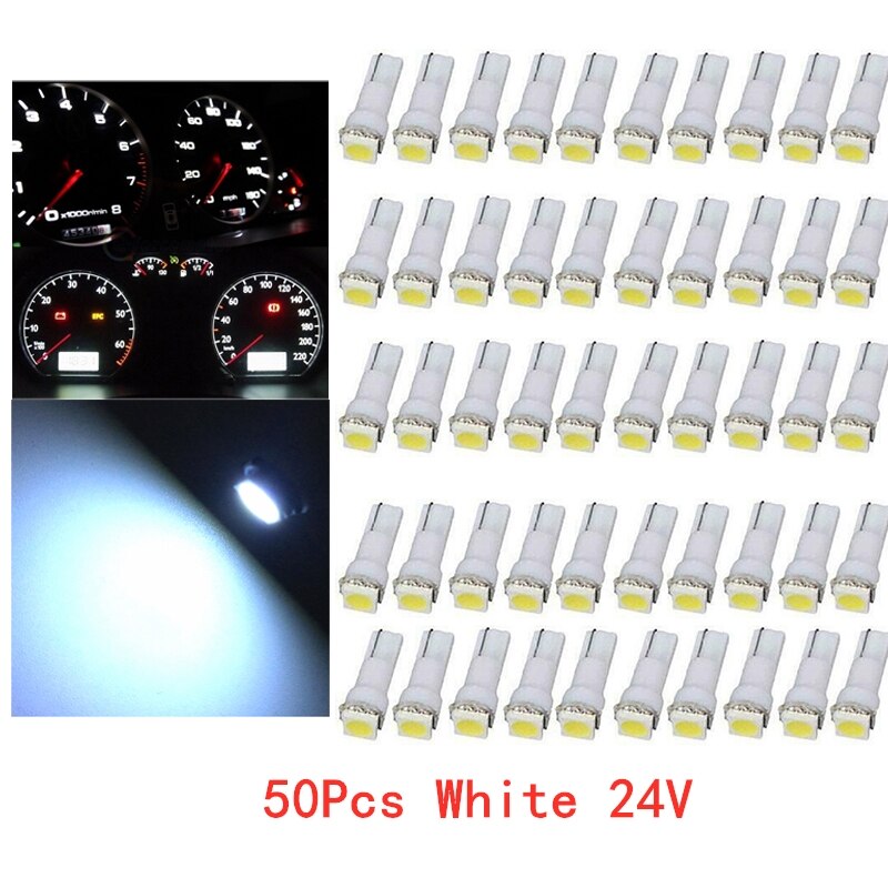 

50 шт. T5 5050 1SMD 24V белые вздутие на приборной панели светодиодный свет лампы автомобиля Lnstrument индикатор AC лампы авто аксессуары для интерьера