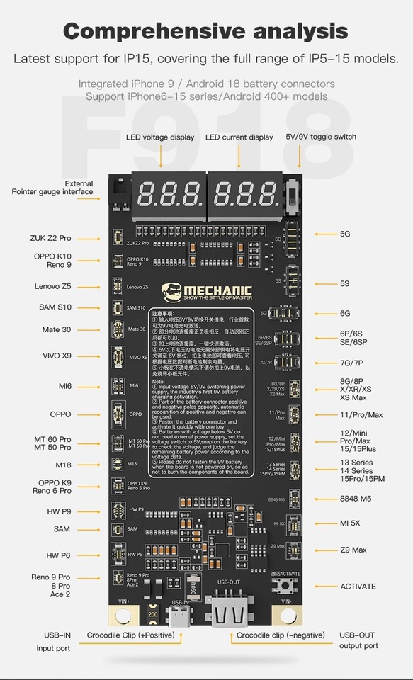 

DIYPHONE MECHANIC F918 Тестер зарядки аккумуляторов