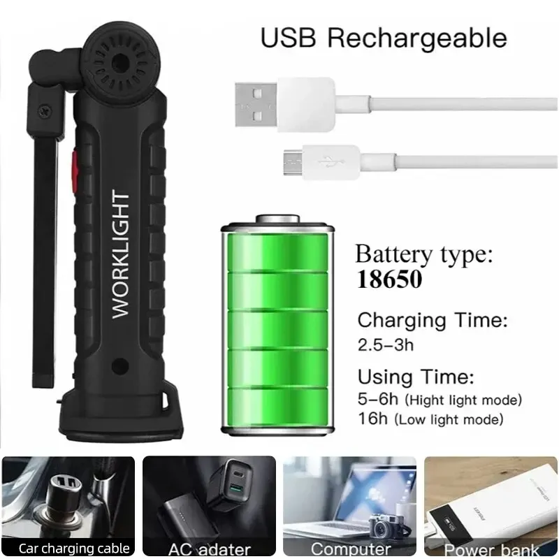 

Перезаряжаемый USB-фонарик Для Кемпинга С Магнитным Основанием И Крючком, Водонепроницаемый Светильник Для Ночной Работы