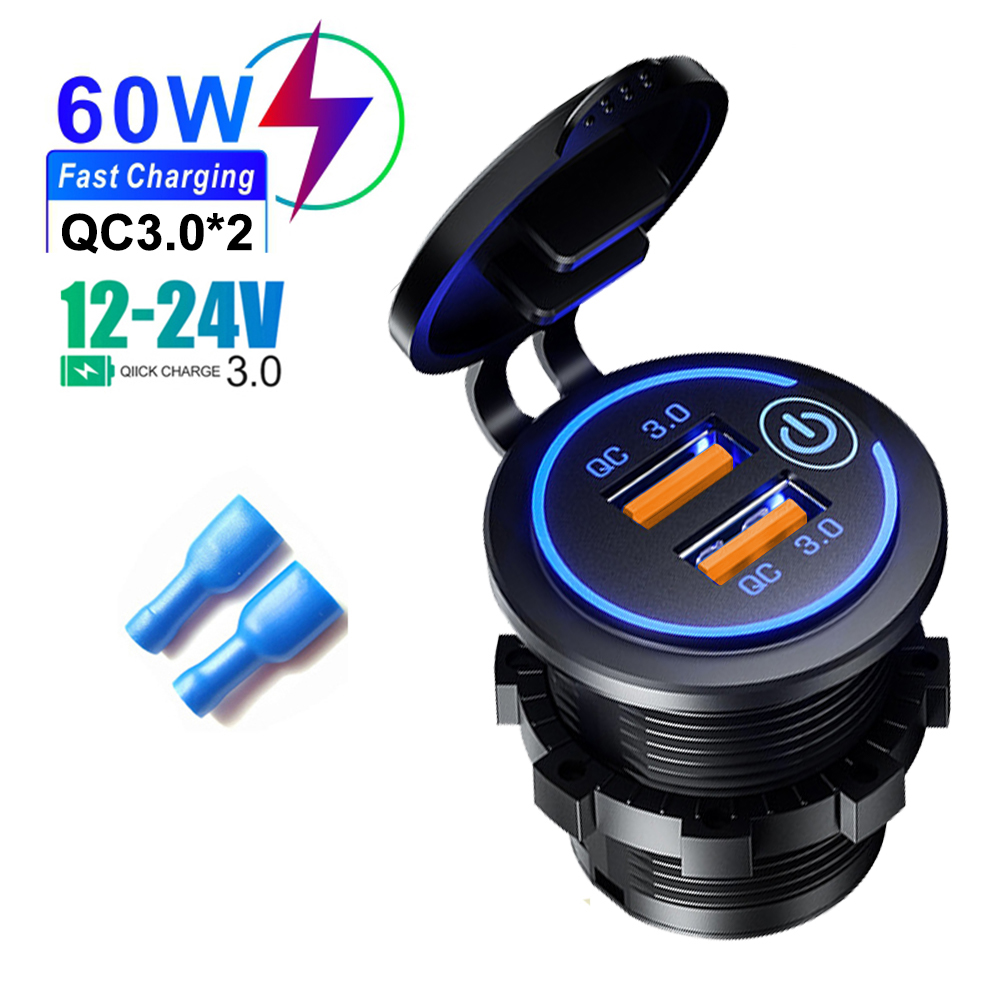 

Quick Charge 3.0 Dual USB Быстрое автомобильное зарядное устройство Розетка 60 Вт Водонепроницаемая розетка 12 В/24 В с сенсорным переключателем и светодиодной подсветкой Водонепроницаемая