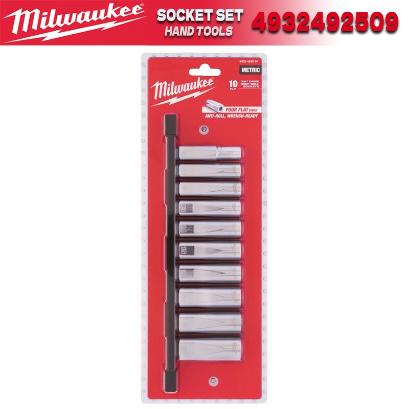 

MILWAUKEE 4932492509, 10 шт., набор метрических хромированных глубоких головок с приводом 3/8 дюйма, розетки с защитой от перекатов, ручные инструменты Milwaukee