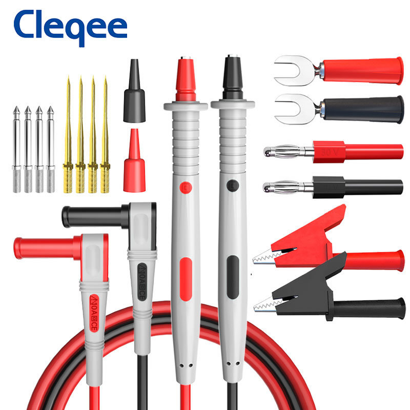 

Cleqee P1503B, 18 шт., комплект тестовых проводов для мультиметра с зажимом типа «крокодил», сменные игольчатые зонды 1 мм/2 мм, кабель 120 см, 1000 В