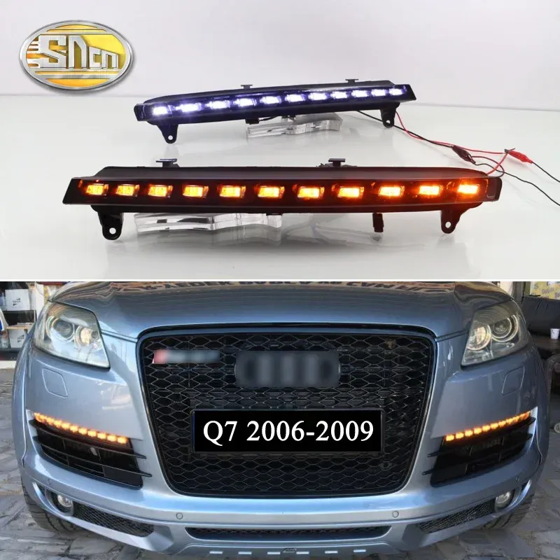 

Дневные ходовые огни SNCN, 2 светодиодный т., для Audi Q7, 2006, 2007, 2008, 2009, желтый цвет, функция указателя поворота, 12 В, автомобильные ДХО, противотуманные фары, украшение