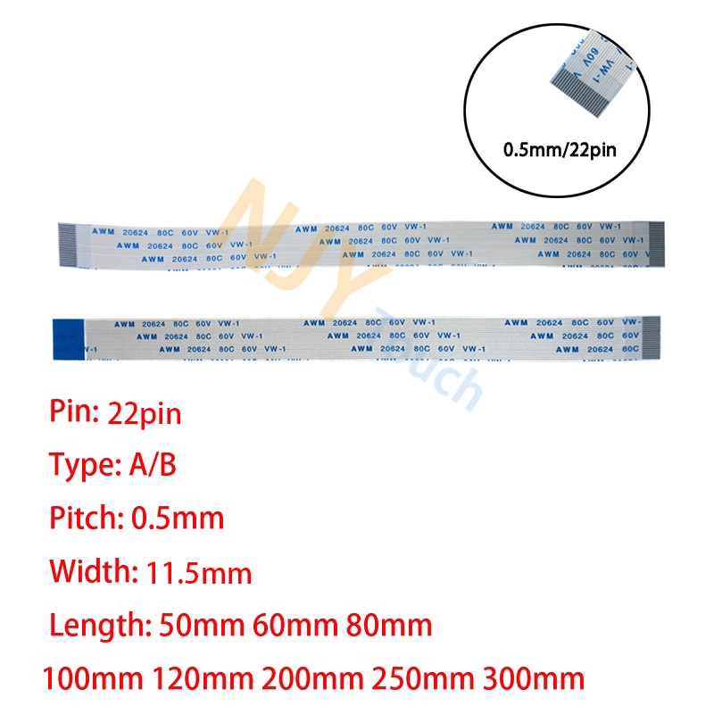 

22Pin 0,5 мм Шаг FFC FPC AWM 20624 80C 60V VW-1 A B Тип плоский гибкий кабель 60/100/150/200/250/300/400 мм