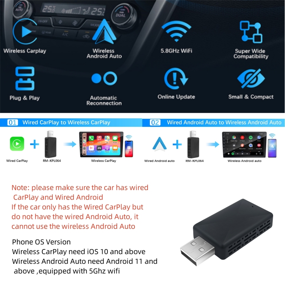 

Беспроводной адаптер Carplay Android Auto 2 в 1 Smart Dongle 2024 5G WIFI для iphone Android Телефон для Volvo Benz Mg Kia Chery VW