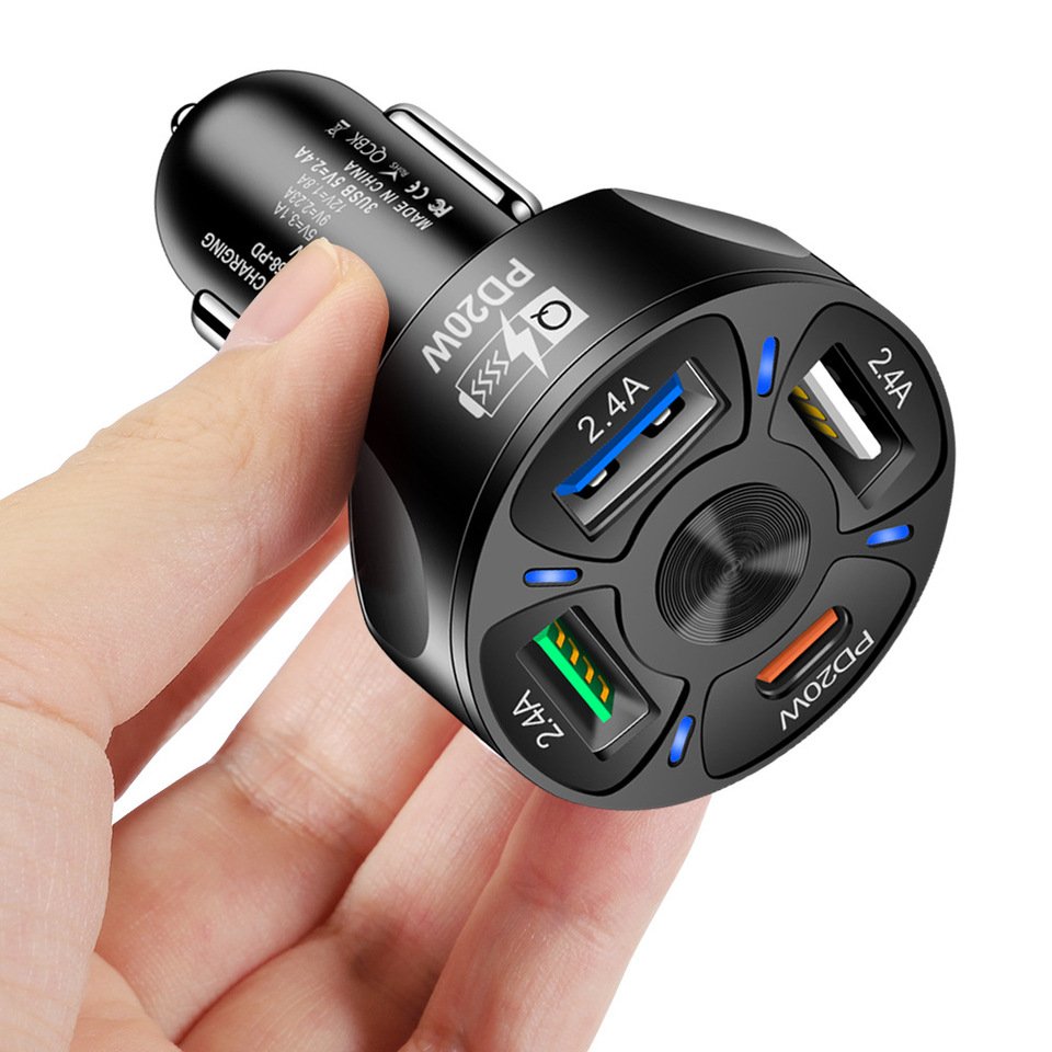 

4-в-1 USB-штекер для быстрой зарядки прикуривателя 3*2,4A USB+1 PD20W Автомобильное зарядное устройство для телефона в двух цветах