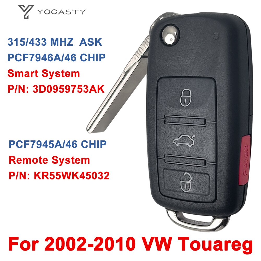 

Умный Автомобильный ключ yocпластика KR55WK45032 с 4 кнопками 315 433 МГц для 2002 - 2010 VOLKSWAGEN VW Touareg Phaeton 3D0959753AK