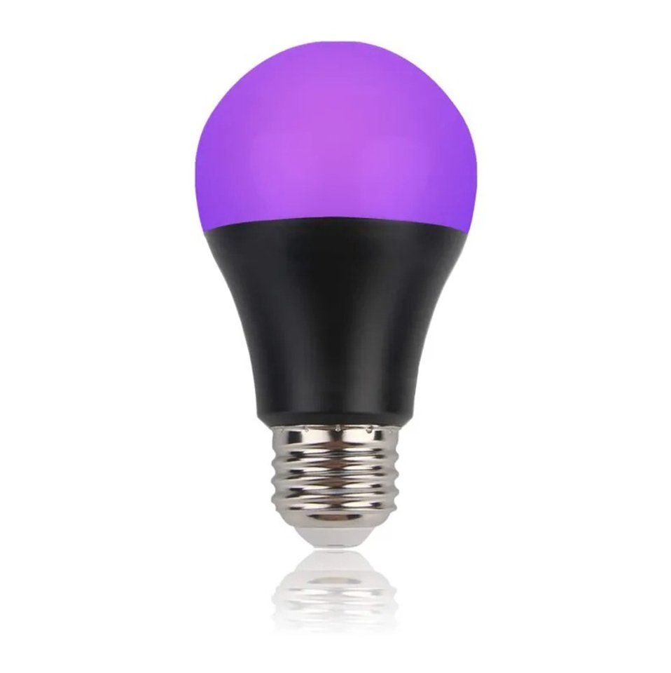 

A19 Черный свет лампочка Led 9W сферическая атмосфера 395NM домашние лампы украшены белым / черным корпусом светится 110v / 220v 400NM 360 градусов клуб ультрафиолетовый