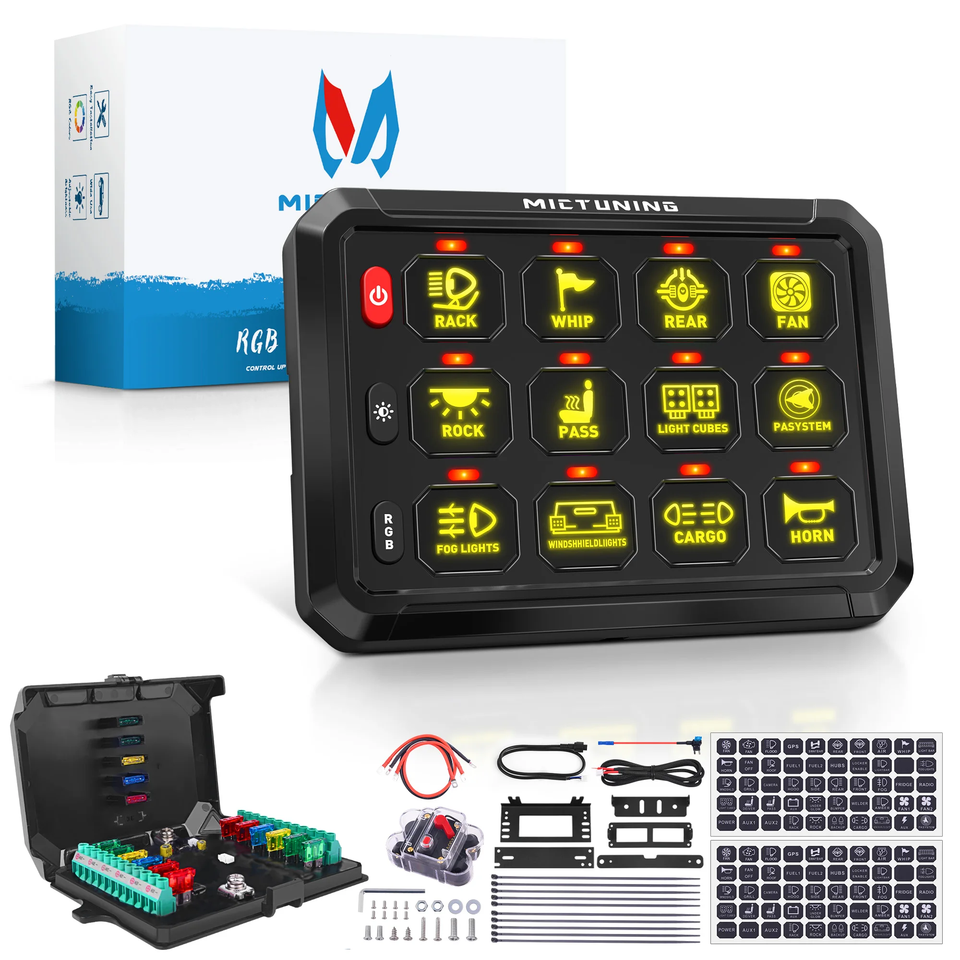 

MICTUNING Новая 8/12 групповая панель переключателей RGB, 11 цветов, регулировка светодиодной цепи, релейная система управления, панель управления для лодки, джипа, грузовика