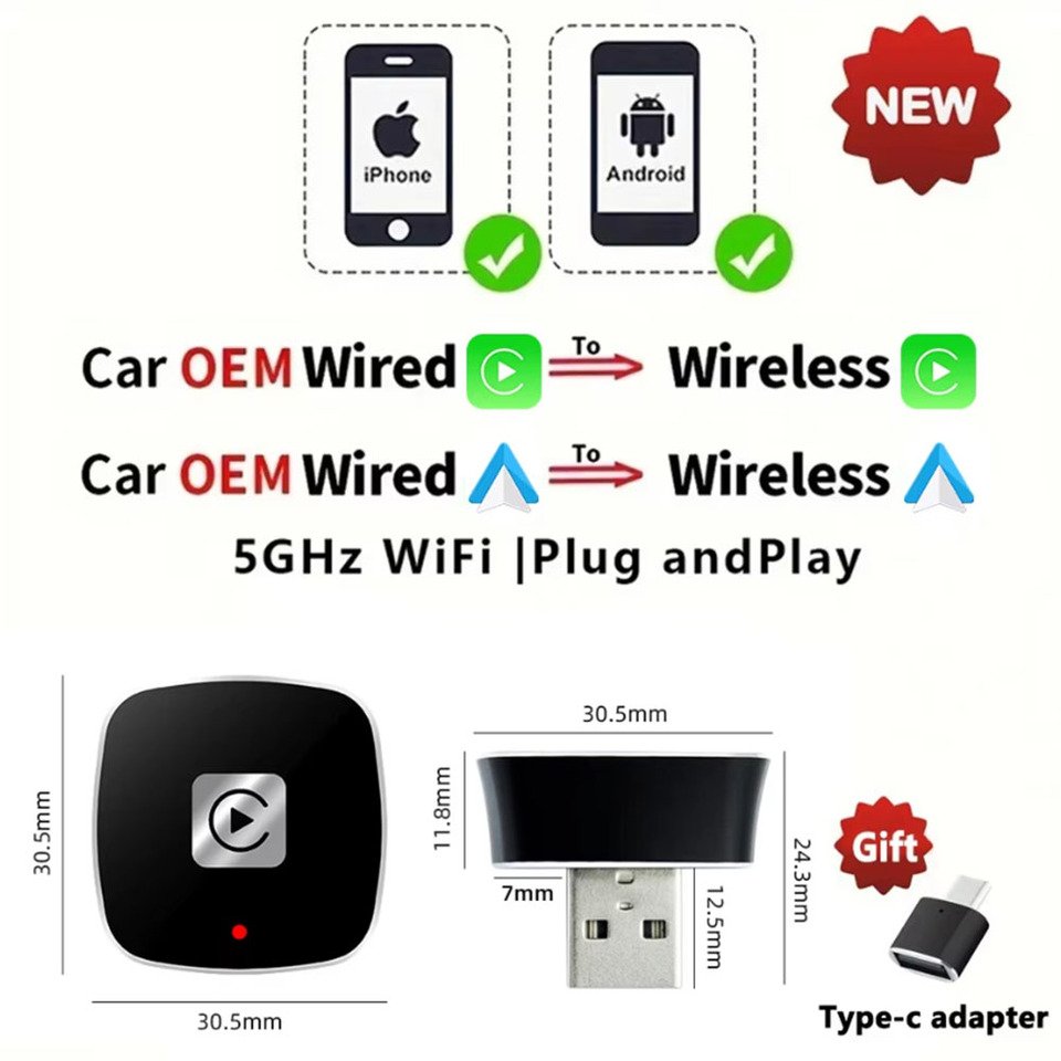

Беспроводной адаптер 2 в 1 Carplay для Android iPhone Auto Проводной к беспроводной AI Box USB-соединение для Volvo Benz Mg Kia Chery VW