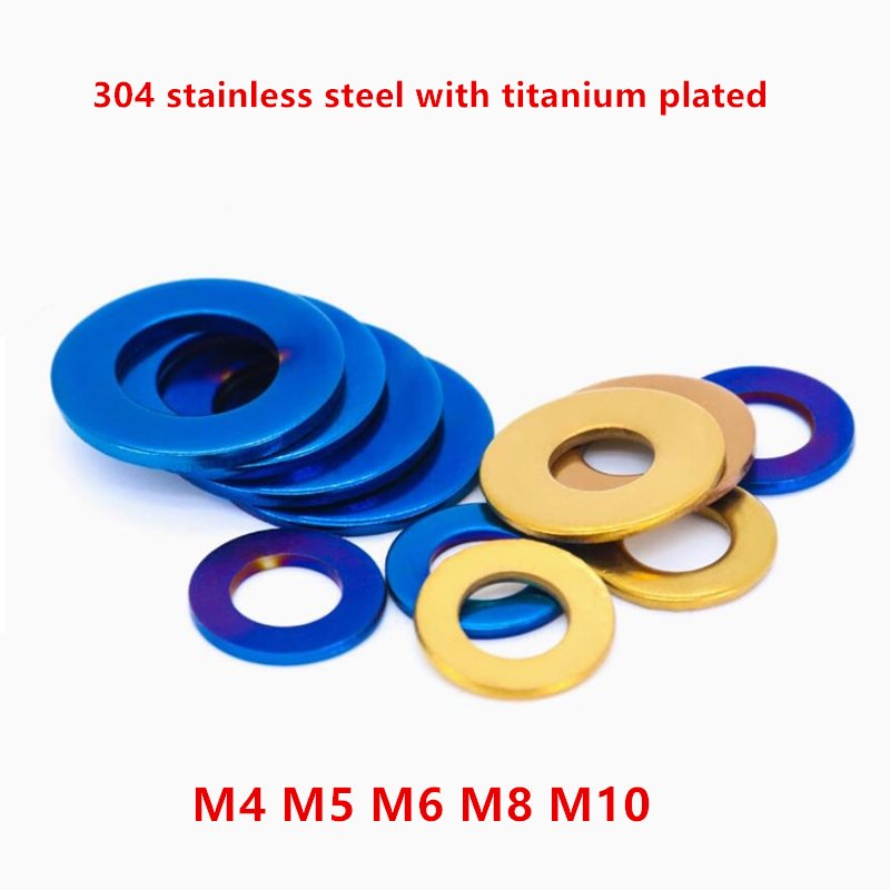 

10 шт., титановые шайбы M4, M5, M6, M8, M10, из нержавеющей стали 304 с титановым покрытием, синяя Глянцевая плоская прокладка