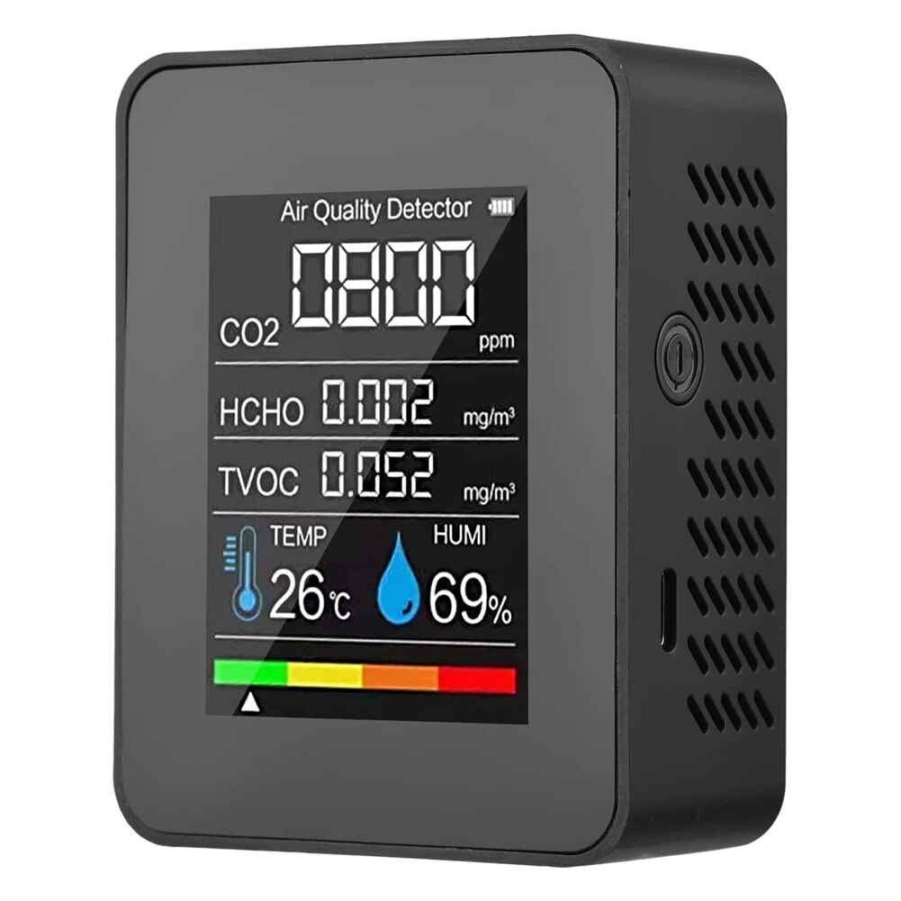 

5 в 1 монитор качества воздуха TVOC HCHO датчик температуры и влажности CO2, USB Перезаряжаемый детектор CO2 черный