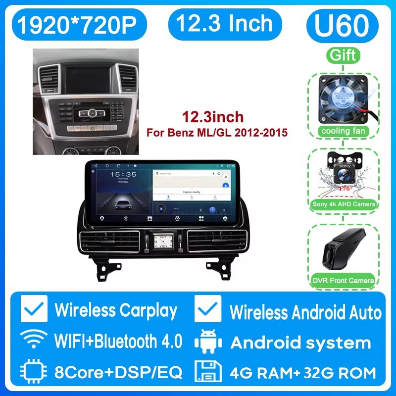 

12,3-дюймовый Android-радио для Mercedes Benz ML GL GLE GLS W166 X166 2012-2019, автомобильный мультимедийный видеоплеер, GPS-навигация, без 2din