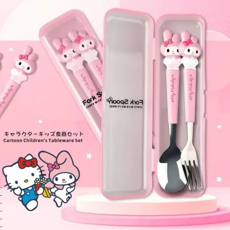 

2 шт. Sanrio Hello Kitty, ложка из нержавеющей стали, вилки, мультяшные кухонные принадлежности, студенческий дорожный портативный набор посуды, подарок для детей