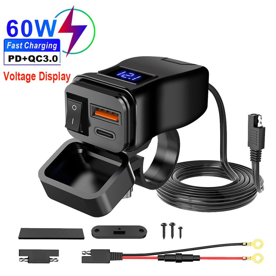 

PD + QC3.0 Быстрое зарядное устройство USB для мотоцикла, 60 Вт, двойной USB-разъем на руль с переключателем, вольтметр, водонепроницаемый адаптер питания 12 В