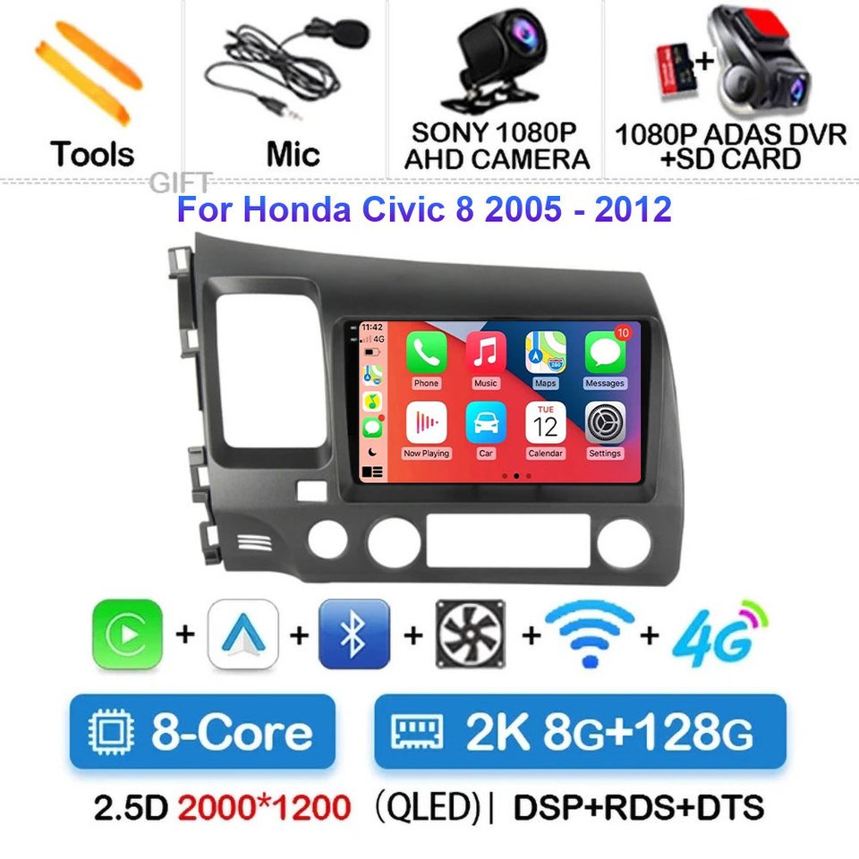 

Автомобильная магнитола Carplay, 9 дюймов, Android 14, для Honda Civic 8 2005-2012, мультимедийный плеер, навигация GPS, 2 Din, 4G, Wi-Fi, аудио, DVD