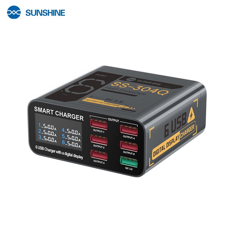

SUNSHINE SS-304Q 6-портовый интеллектуальный инструмент для быстрой зарядки для мобильного телефона, планшета QC3.0, ЖК-цифровой дисплей, станция быстрой зарядки