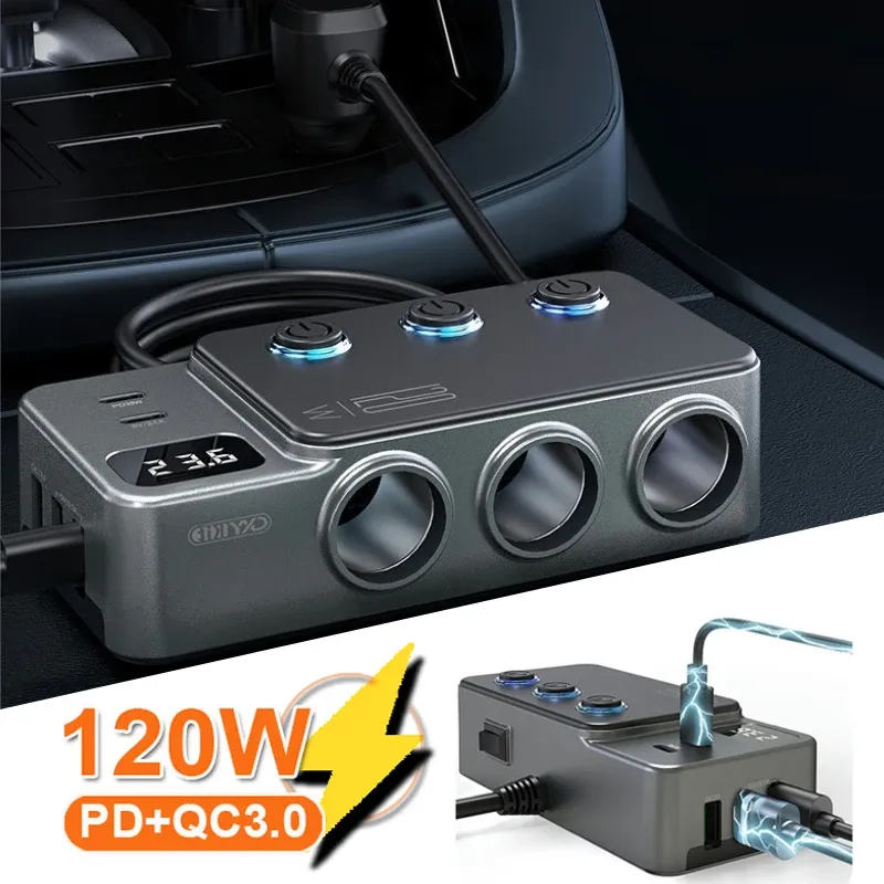 

Быстрое зарядное устройство PD35W + QC3.0, 120 Вт, 5 USB-розетков и 3 разветвителя прикуривателя со светодиодами/выключателями включения/ЖК-волнометром, розетка