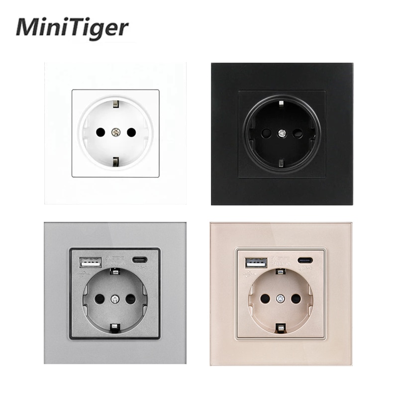 

Электрическая розетка Minitiger с USB-портом, со стеклянной панелью, с портом Type-C, 110-250 В переменного тока, 16 А, настенная розетка с USB A + C стандарта ЕС