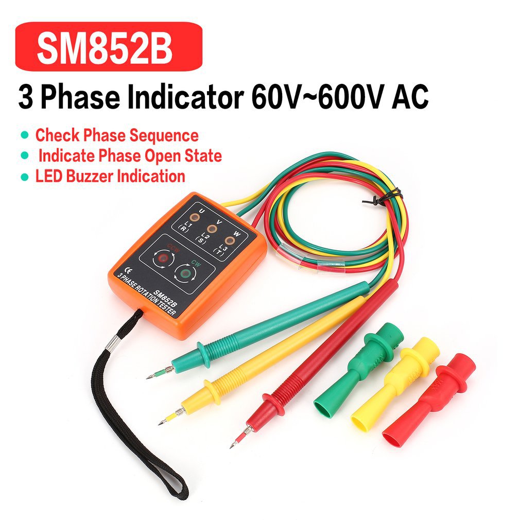 

SM852B 3-фазный поворотный тестер, цифровой индикатор фазы, детектор фонарика, измеритель последовательности фаз, тестер напряжения, инструменты, 60 В ~ 600 В переменного тока