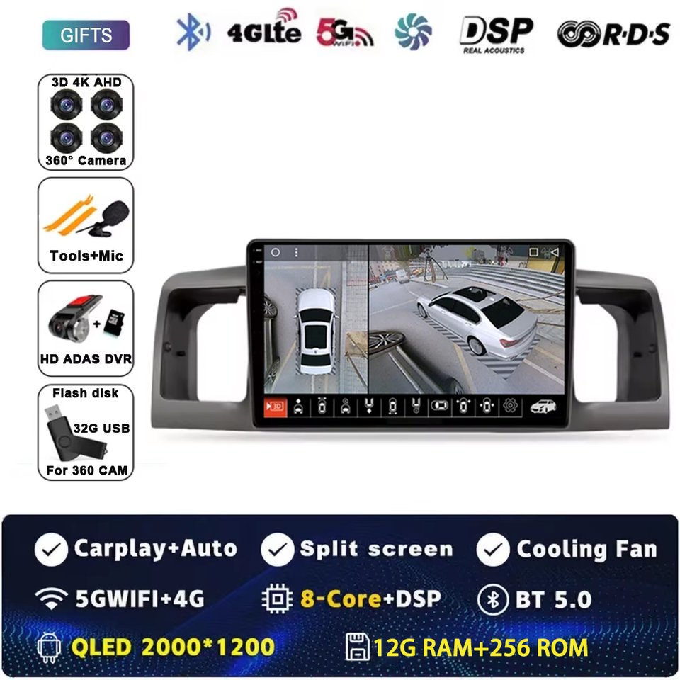 

Автомобильный радиоприемник Android 14, для Toyota Corolla E120 2001 2002 2003 2004, мультимедийный стерео видеоплеер, навигация, WIFI 4G Carplay Auto