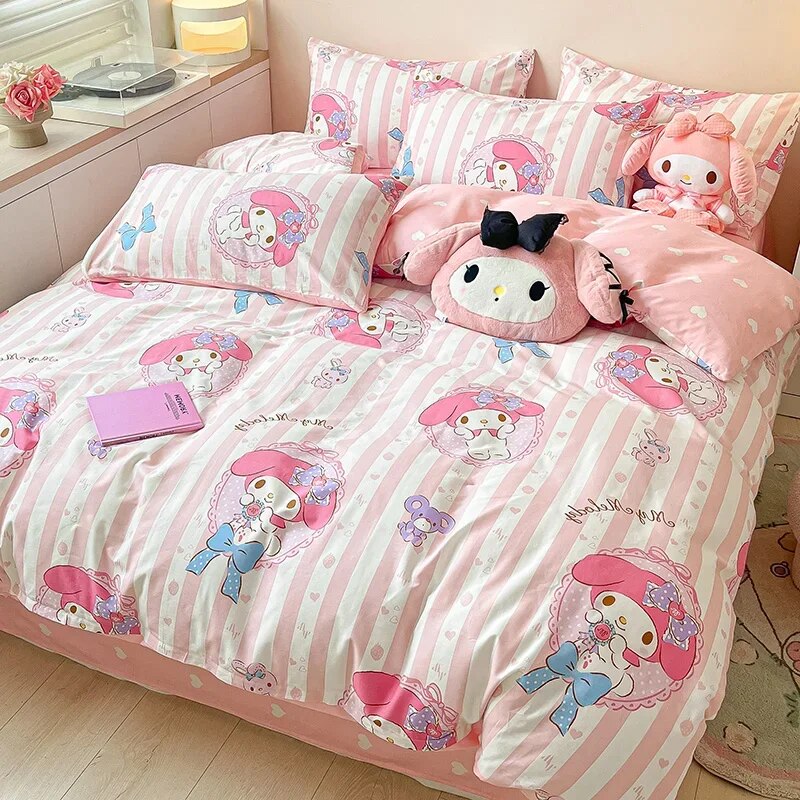 

Комплект постельного белья из 100% хлопка Sanrio Kuromi My Melody Cinnamoroll, пододеяльник, простыня, наволочка, King, Queen, Twin, домашний текстиль