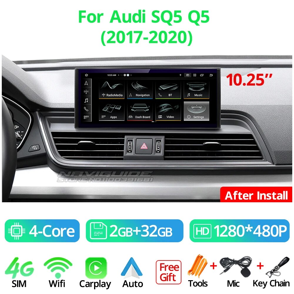 

NAVIGUIDE 10,25 ''Android 12 Carplay автомобильное радио для Audi SQ5 Q5 2017-2020 LHD 4 + 128G мультимедийный плеер головное устройство с GPS-навигацией