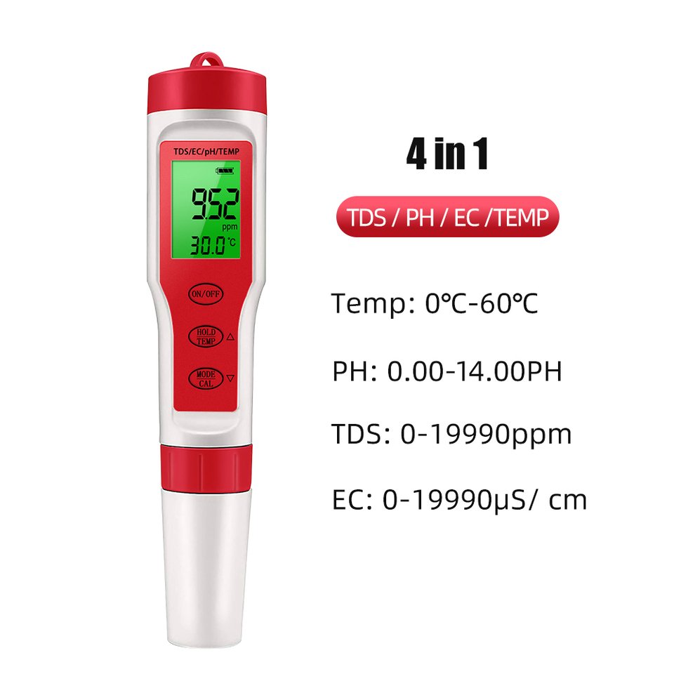 

PH-метр 4 в 1, PH/TDS/EC/измеритель температуры 0-19990ppm, цифровой тестер качества воды для бассейнов, питьевой воды, аквариумов