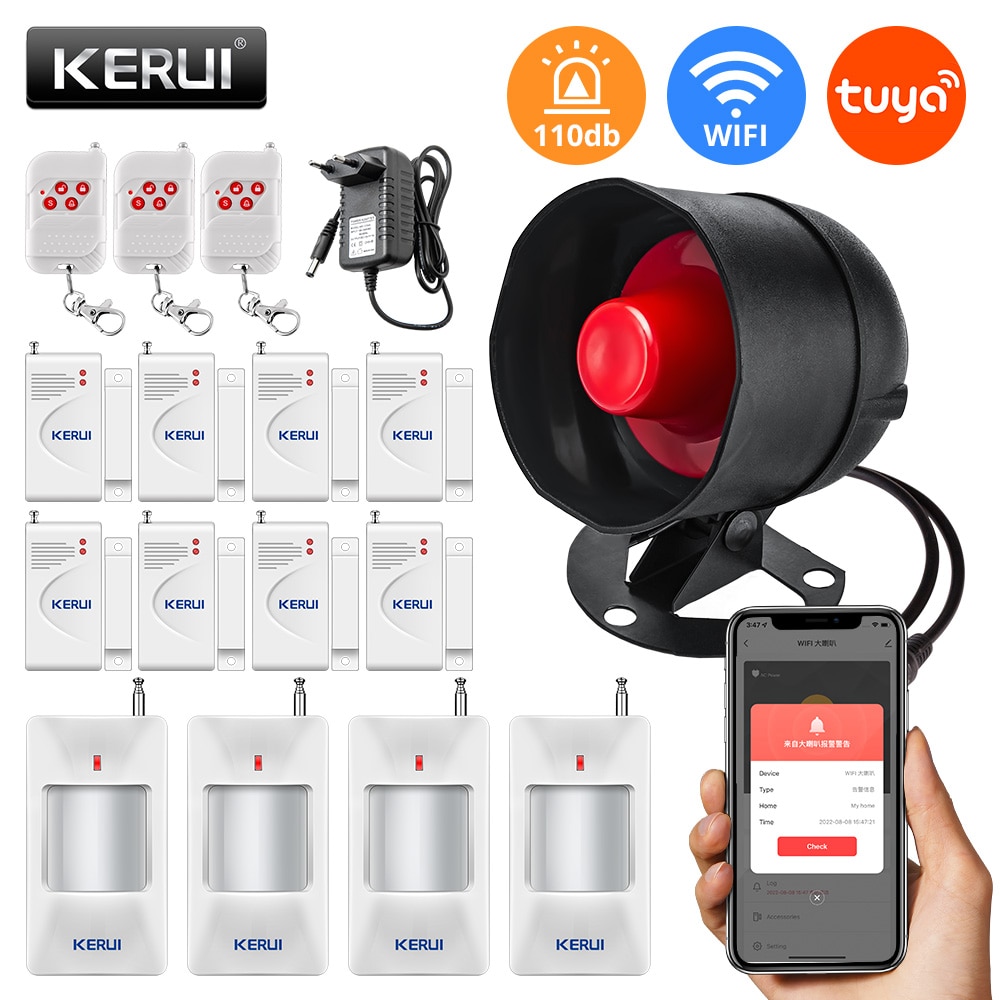 

KERUI Tuya WIFI громкий динамик Высокая децибел охранная сирена домашняя система охранной сигнализации с дверным окном датчик движения для дома