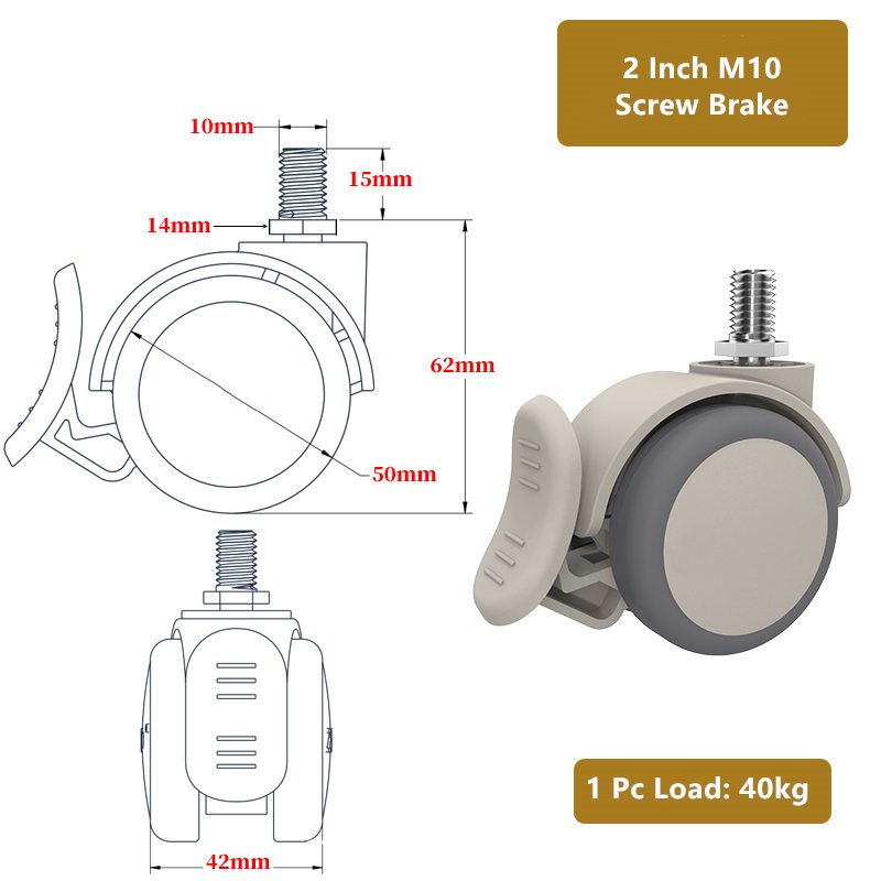 

1 шт. винт M6/M8/M10/M12, колесо для мебельного стола, универсальный тормоз, серый прикроватный плоский ролик, мобильный бесшумный маленький стул