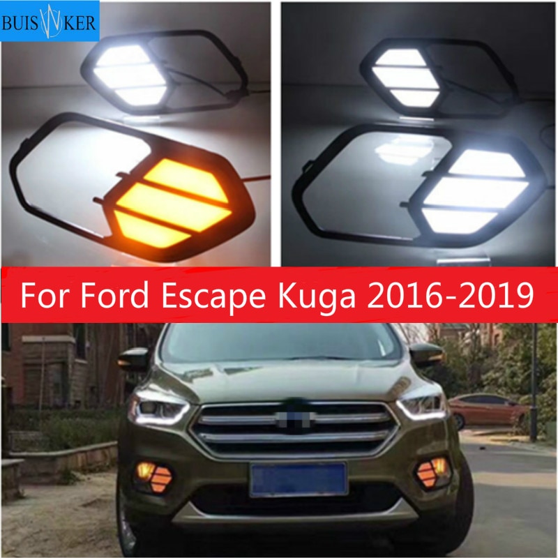 

2 шт. Светодиодный дневной светильник для Ford Escape Kuga 2016 2017 2018 2019 отложным воротником желтый сигнал Водонепроницаемый автомобиля 12V светодиодный DRL лампа