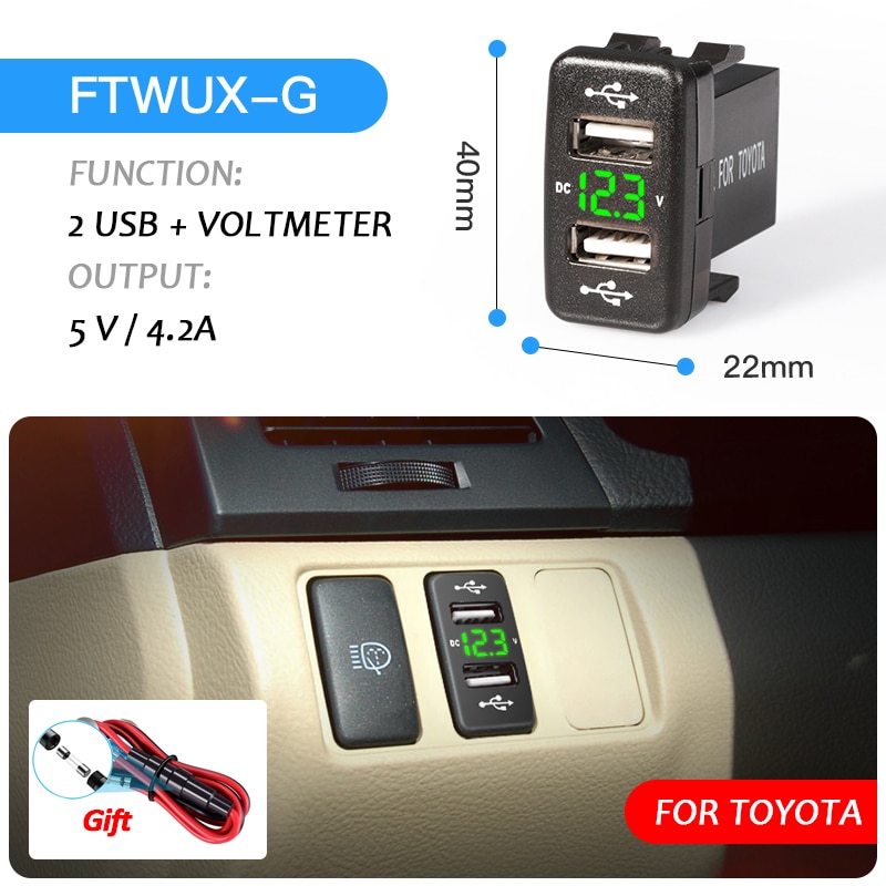 

Новое автомобильное USB зарядное устройство Toyota 12 В 24 В адаптер двойной USB 4,2 А Corolla Hilux розетка прикуриватель для смартфона вольтметр
