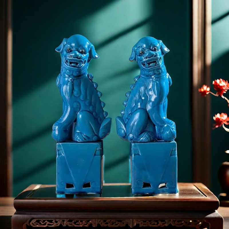 

Синие керамические статуи львов Foo Fu Dog, пара
