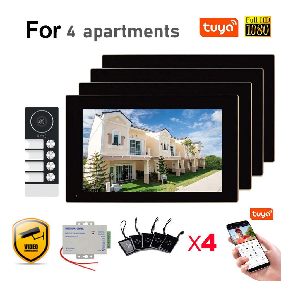 

Tuya 10-дюймовый сенсорный монитор, видео Wi-Fi, домофон, умное домашнее видео 3/4, семейная система дверного звонка для квартиры, 1080P, широкоугольная камера
