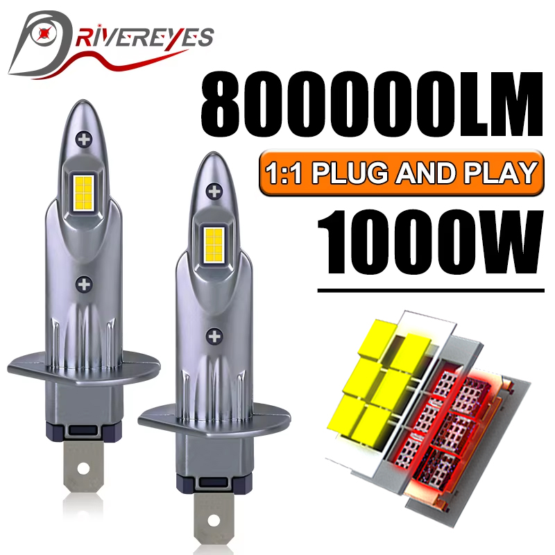 

2PCS H1 H7 H4 Светодиодные лампы 8000000 LM 1000 Вт Автомобильные лампы H11 H8 H9 9005 HB3 9006 HB4 8054 CSP 6500K 4300K 1: 1 Мини - диод без вентилятора 12V 24V