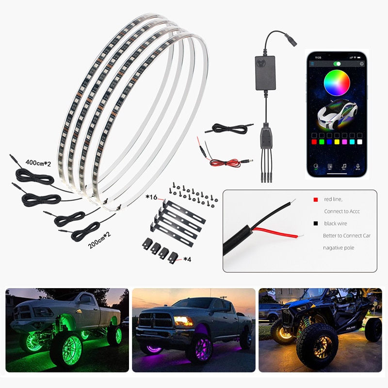 

4 шт. 15,5-дюймовый 17-дюймовый 19-дюймовый RGB-подсветка колеса автомобиля APP/дистанционный автомобильный концентратор 12 В светодиодный светильник с тормозным рулевым управлением Phantom Neon Lamp