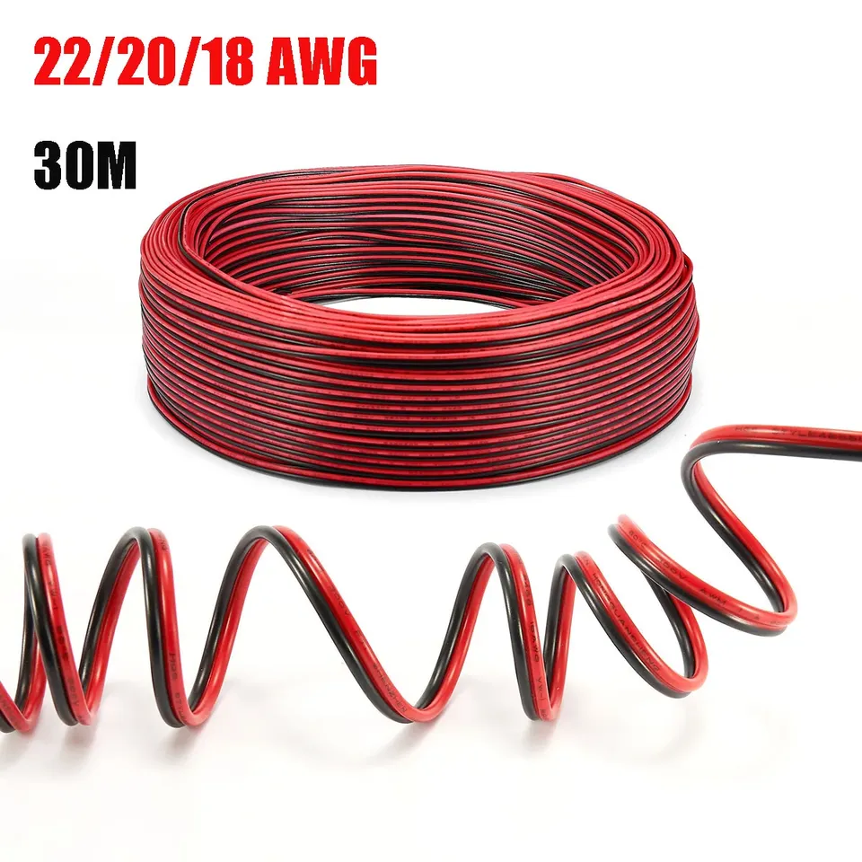 

30 м 2-контактный электрический провод 18 20 22 AWG Светодиодный удлинительный кабель Красный Черный луженый медный многожильный провод 2 ядра 12 В Автомобильный кабель