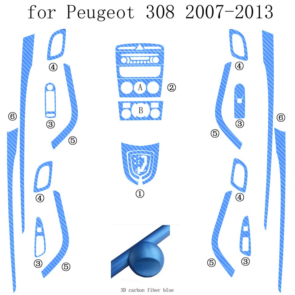 

Углеродное волокно для Peugeot 308 2007-2013, автомобильная пленка, наклейки для интерьера, центральная консоль, приборная панель, воздушная дверная ручка, подъемная панель